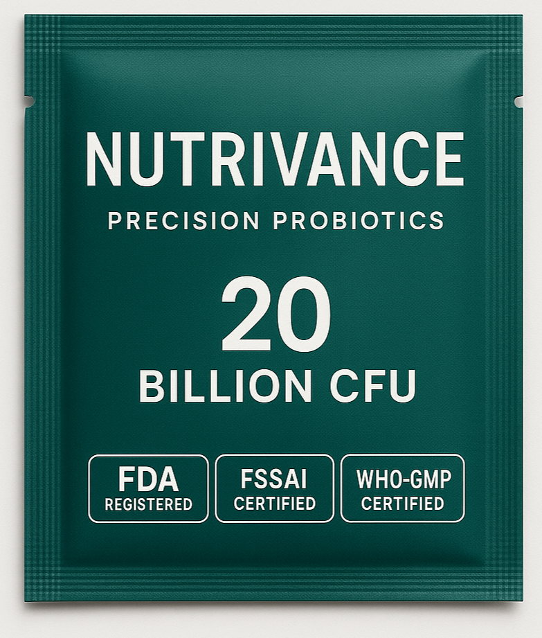 phthalo green sachet with name nutrivance and tag line precision probiotics, 20 billion cfu, fda registered, fssai certified, who-gmp certified