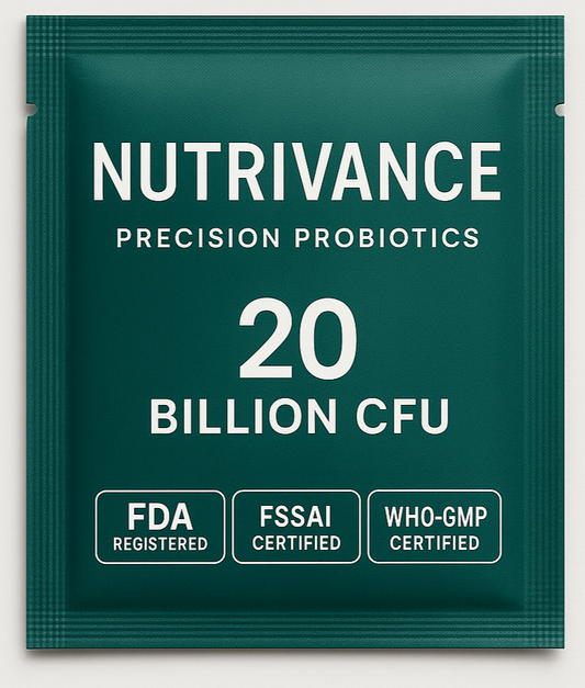 phthalo green sachet with name nutrivance and tag line precision probiotics, 20 billion cfu, fda registered, fssai certified, who-gmp certified
